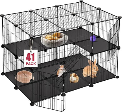 41 Panels Pet Playpen, 35.4" L x 23.6" W x 23.6" H Small Animal Playpen with 2 Doors, C&C Cage for Guinea Pigs,Rabbit,Bunny,Hedgehogs, Puppy Play Pen Indoor Outdoor, Two-Story Chicken Play Pen