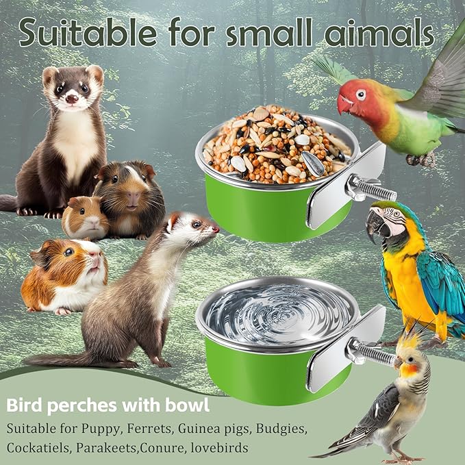 2 Pcs Stainless Steel Bird Bowls, Small Bird Food Dishes for Cage, Parrot Cage Feeder with Clamp Holder for Parakeet/Cockatiels/Conure/Budgies/Ferret/Small Animal