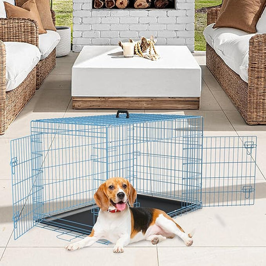 FDW Dog Crate for Medium Dogs 36 Inch Folding Metal WirePet Cage Double Door W/Divider Panel Indoor Outdoor Kennel Leak-Proof Plastic Tray,Blue