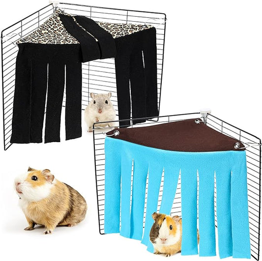Shappy 2 Pcs Guinea Pig Hideout Hideaway Corner Fleece Toys Cage Accessories Cute Ferret Hammock for Ferrets Chinchillas Hedgehogs Small Pets(Brown with Blue, Black with Orange-Brown, Leopard)