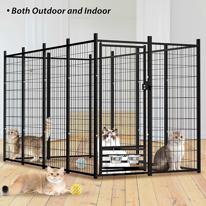 Large Outside Dog Kennel, Outdoor Dog Run Enclosure 8'x4'x6' Dog Pen House with Roof Cover Heavy Duty Welded Wire Steel Dog Playpen Animal Fence with Feeding Door