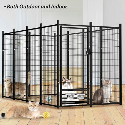 Large Outside Dog Kennel, Outdoor Dog Run Enclosure 8'x4'x6' Dog Pen House with Roof Cover Heavy Duty Welded Wire Steel Dog Playpen Animal Fence with Feeding Door