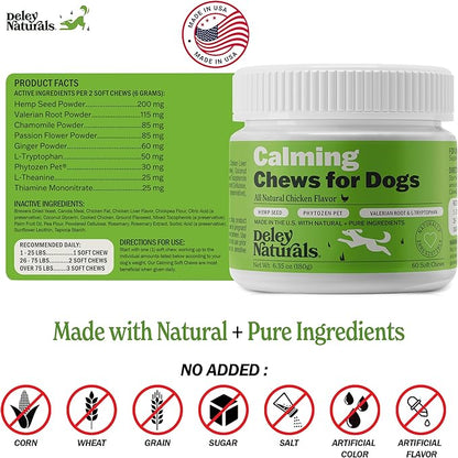 Deley Naturals Calming Chews for Dogs - Anxiety Relief Treats - Hemp Chews for Separation, Travel & Vet Visit - Dog Calming Chews and Relaxation Bites for Fireworks, Thunderstorms & Restless Behavior
