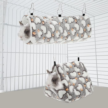 Ferret Hammock, Small Pet Cage Accessories, Ferret Bed, Pet Cage Hammock Hanging Tunnel and Bed Hideout Set for Hamster Squirrel Rabbit, Brown, 3Pcs