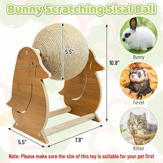 Fhiny Rabbit Scratch Toy, Natural Sisal Bunny Toy Scratching Ball Cute Sisal Bunny Claw Scratcher Ball Rabbit Enrichment Interactive Scratching Post for Kittens Ferrets Penguins Shape