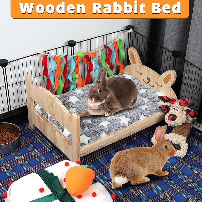 BWOGUE Large Wooden Rabbit Bed, 2 in 1 Folding Wooden Pet Bed with Removable Cushion Small Animals Bed for Rabbits Bunny Guinea Pigs Kittens Puppy Sleeping Habitat (20.5" x 14.3")