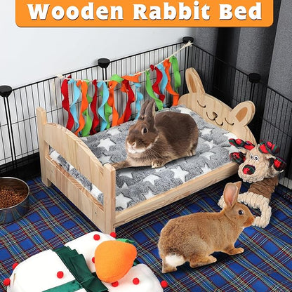 BWOGUE Large Wooden Rabbit Bed, 2 in 1 Folding Wooden Pet Bed with Removable Cushion Small Animals Bed for Rabbits Bunny Guinea Pigs Kittens Puppy Sleeping Habitat (20.5" x 14.3")