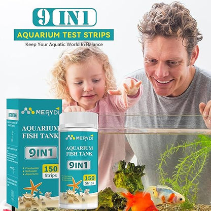 9-Way Aquarium Test Strips, Aquarium Test Kit for Fish Tanks & Ponds, 150 ct Quick & Accurate Water Testing Iron Copper Sodium Chlorine Nitrate Nitrite Total Alkalinity Hardness Free Chlorine pH