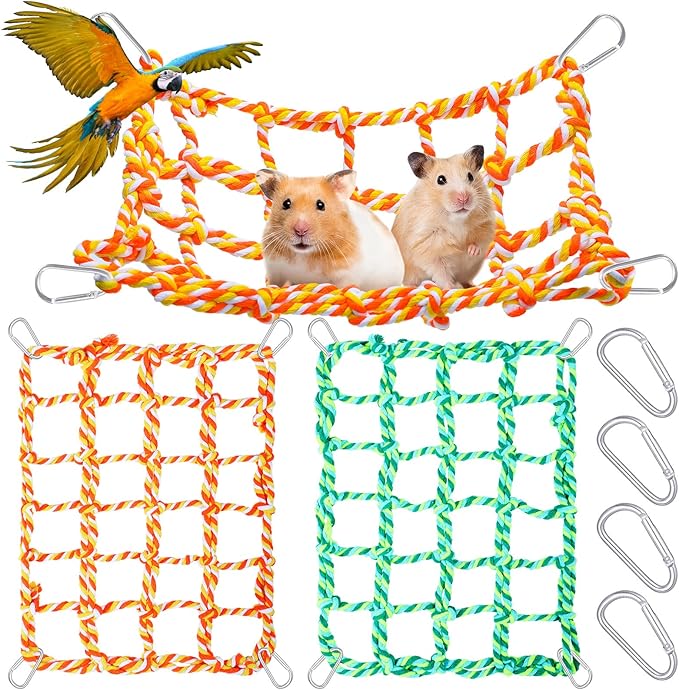 2 Pieces Rat Cage Accessories Rat Toys Climbing Bird Rope Net Pet Hanging Hammock for Hamster, Mice, Parrot, Bird, Sugar Glider Habitat Decor and Play(11 x 7.8 Inch,Multi Color)
