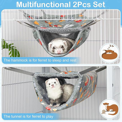 Bienbee 2 Pcs Ferret Rat Hammock Set for Cage Washable Guinea Pig Hideout Bed Soft Small Animal Hammock Tunnel Toys Ferret Cage Accessories for Hedgehog Sugar Glider Squirrel Hamster, Grey Mushroom