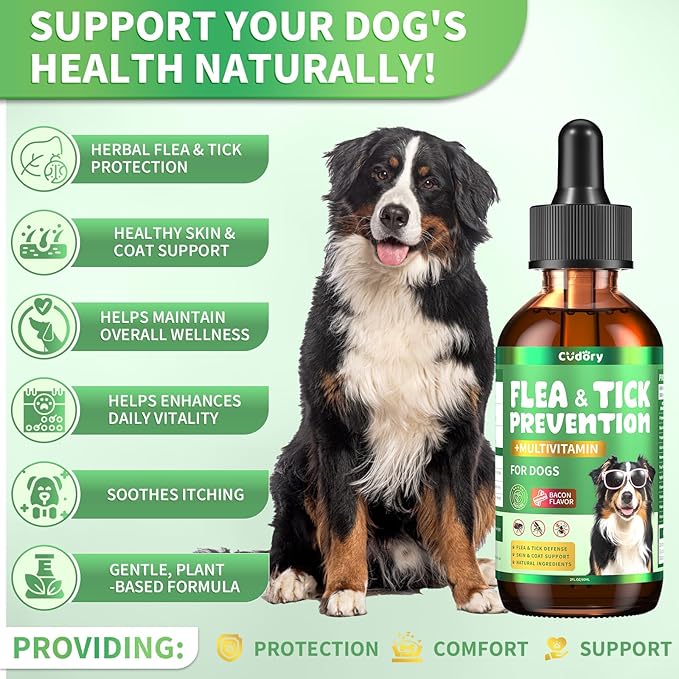 Oral Flea & Tick Support for Dogs, Herbal Liquid with Multivitamins - Dog Flea and Tick Drops Natural Supplement for Skin & Coat Support - Herbal Support Formula for Dogs Oral Supplement