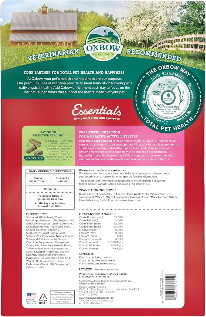 Oxbow Essentials Rabbit Food, Young Rabbit, Made with Oxbow Timothy, Pet Food Pellets for Bunnies, Small Animal Pet Products, Made in USA, High Fiber Bunny Supplies, 10 lb. bag