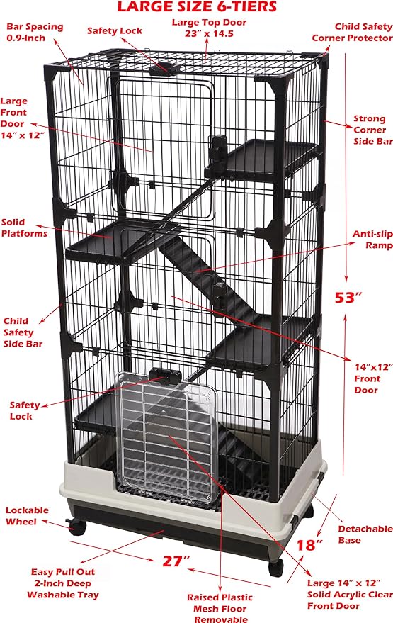 X-Large Pink Deluxe Muli-Level Indoor Rabbit Hutch Cage for Ferret Squirrel Chinchilla Solid Platform Ramp Paw Safe Mesh Floor Pull Out Leakproof Easy Clean 2-Inch Deep Tray Lockable Casters