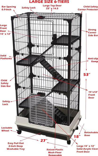 X-Large Pink Deluxe Muli-Level Indoor Rabbit Hutch Cage for Ferret Squirrel Chinchilla Solid Platform Ramp Paw Safe Mesh Floor Pull Out Leakproof Easy Clean 2-Inch Deep Tray Lockable Casters