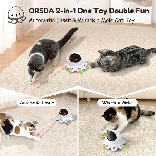 ORSDA Cat Laser Toy, 2-in-1 Interactive Automatic Motion Activated Moving 8 Holes Whack A Mole Feather, USB Rechargeable Electronic Smart Sensor Kitten Toys for Indoor Exercise