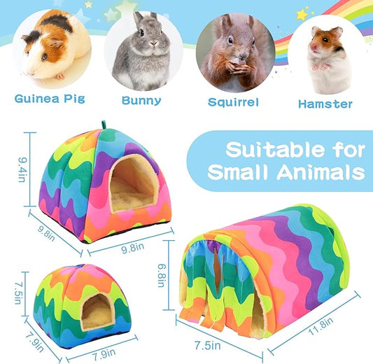 MABOZOO 3 Pack Guinea Pig House Accessories, Washable 2 Guinea Pig House and Hideout Tunnel with Curtains, Chinchilla Hideout for Hamster, Rabbit, Bunny, Chinchillas (Colorful)