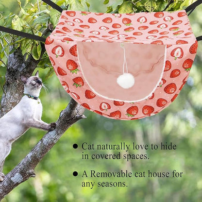 JSPYFITS Cat Cage Hammock with Ball,Double Layer Hanging Adjustable Soft Pet Bed Suit for Kitten Ferret Puppy Rabbit or Small Pet, 2 Level Indoor Bed for All Season(Pink Strawberries)