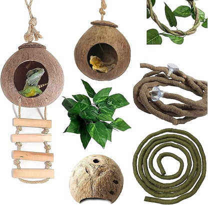 kathson Lizard Coco Den with Ladder, Reptile Hideouts Gecko Coconut Husk Hut with Artificial Bendable Jungle Climbing Vines for Chameleon, Lizards, Gecko, Snakes to Hide Perch and Play