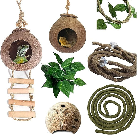 kathson Lizard Coco Den with Ladder, Reptile Hideouts Gecko Coconut Husk Hut with Artificial Bendable Jungle Climbing Vines for Chameleon, Lizards, Gecko, Snakes to Hide Perch and Play