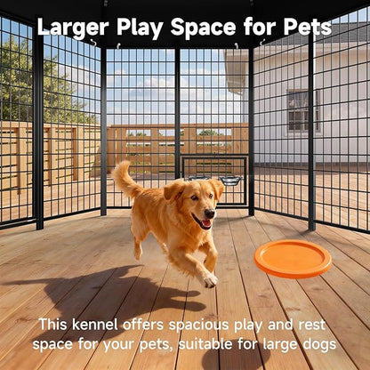 Outdoor Dog Kennel with Roof, Weatherproof Large Dog Kennel Outside with Swivel Feeders & Removable Doggy Door, Heavy Duty Hexagon Dog Run Pet Gazebo for Large Dogs (7.4'Lx7.4'Wx6.4'H)