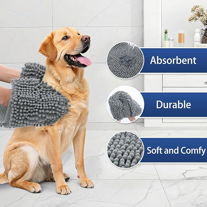 OLANLY Chenille Dog Bath Towel 31x13, Ultra Absorbent Quick Dry Pet Towel, Extra Soft Washable Plush Towel for Large Dogs & Puppies, Indoor Outdoor Use, Grey