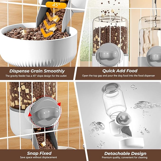 Hanging Cage Automatic Food Water Dispenser with Separate 1.3L Food Bowl and 0.9L Waterer, Kennel Gravity Pet Feeder Set Crate Auto Feeder Dish for Small Pets Cat Puppy Ferret Bunny Guinea Pig