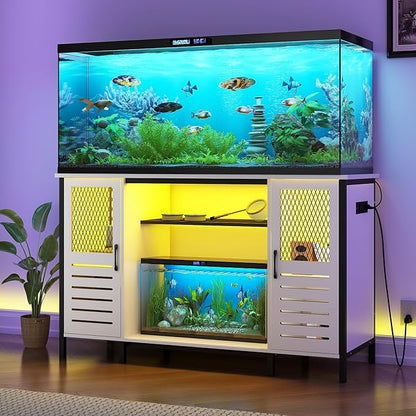 BREEZEHEAT 55-75 Gallon Fish Tank Stand with Power Outlets, LED Light, Adjustable Shelves, Heavy Duty Aquarium Stand with Cabinet, Terrarium stand Suitable for Turtle & Reptile Tank, 1250LBS, White