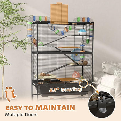 PawHut Large Hamster Cage with Deep Tray, 5 Tier Rolling Rat Cage with Storage Shelf, Big Exercise Wheel, Tube System, Hut, Platforms, Ramps, Food Dish, Water Bottle, for Syrian, Gerbil, Mouse