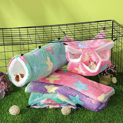 Abbylike 9 Pieces Rat Hammock 3 Tier Guinea Pig Ferret Hammocks Small Pet Hanging Tunnel Glider Toy Guinea Pig Ferret Hideout Bed Cage Accessories for Hamster(Green, Purple, Pink,Star)