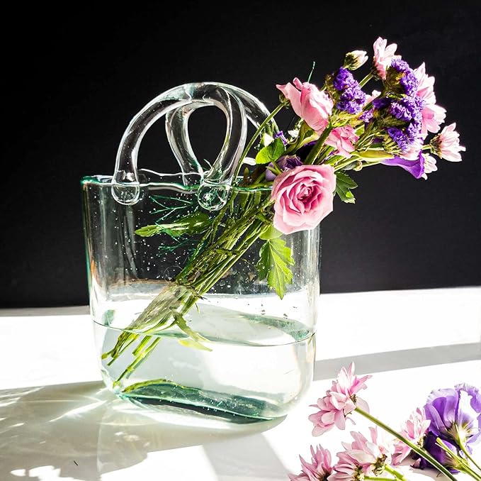 OLEEK Purse vases for Flowers (Handmade) Glass Bag vase -10 Inches- Blue for centerpieces & Fish Bowl - Handbag Unique Flower vase Decorative - Glass Handbag for Cute Room Decor