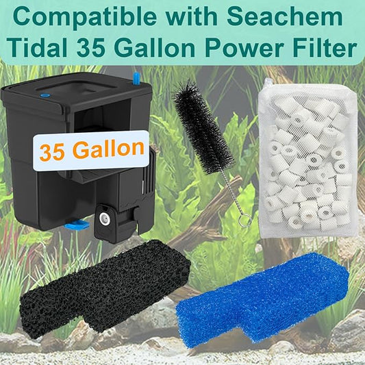 Aquarium Media Maintenance Kit Compatible with Seachem Tidal 35 Gallon Power Filters, Includes 4 Packs Ceramic Rings, 4 Packs Blue Foam Filters and 4 Packs Carbon Sponge Filters