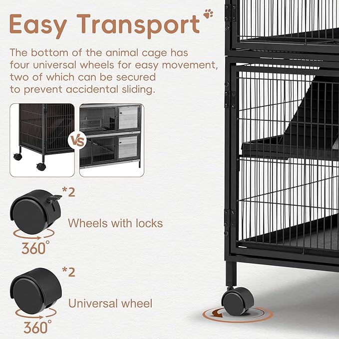 HABUTWAY 50''H Metal Large Ferret Cage, Rolling Chinchilla Cage with Removable Ramps& Double Door, Critter Nation with Locker, Small Animal Cage Indoor Wooden Pet Crate Furniture