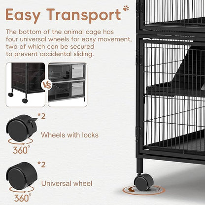 HABUTWAY 50''H Metal Large Ferret Cage, Rolling Chinchilla Cage with Removable Ramps& Double Door, Critter Nation with Locker, Small Animal Cage Indoor Wooden Pet Crate Furniture