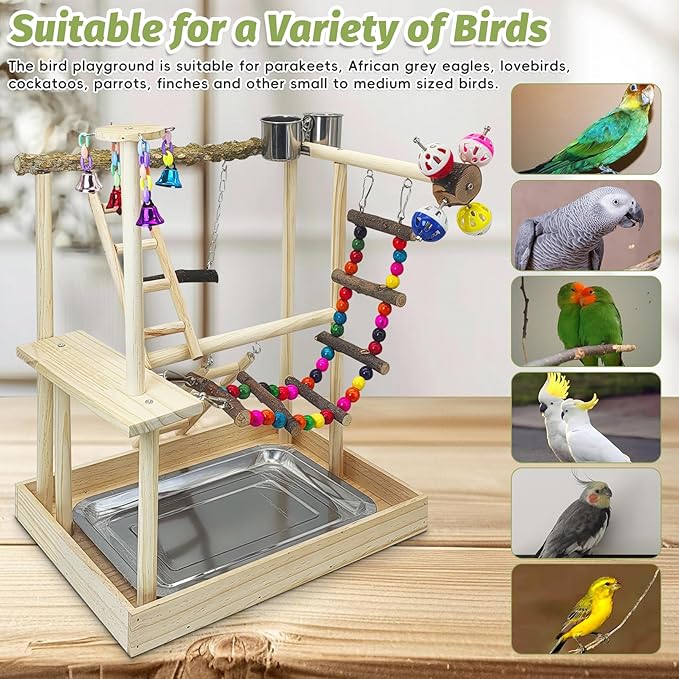 PINVNBY Bird Playground Parrot Perch Stand Play Gym Cockatiel Wood Bird Toys Birds Cage Accessories Playpen Ladder with Feeder Cups Hanging Swing Toys for Parakeet Conure Lovebird Cockatiel