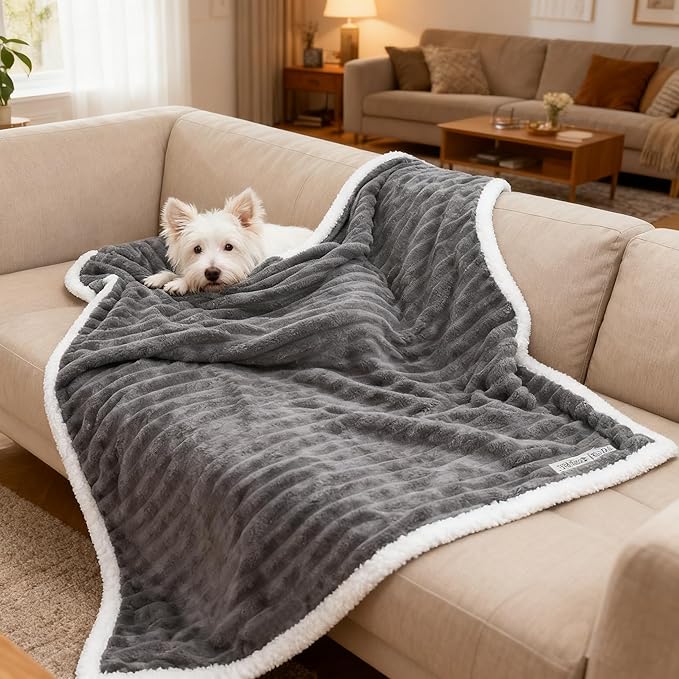 Waterproof Pet Blanket Soft Calming Dog Blanket Cozy Sherpa Fleece Blanket Reversible Furniture Protector Cover for Small Medium Large Dogs Cats Machine Washable, Drak Grey 30x40 in