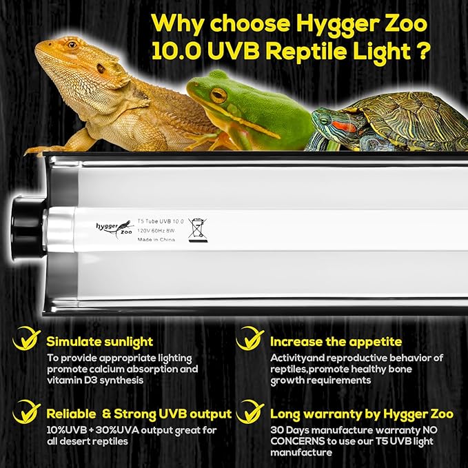 T5 Reptile Light Fixture Combo Kit 8W Light Fixture Reptile Terrarium Hood 10.0 UVB Light Bulb Fluorescent Tube Ideal for Tropical and Deserts Such as Bearded Dragon Lizards and Tortoises