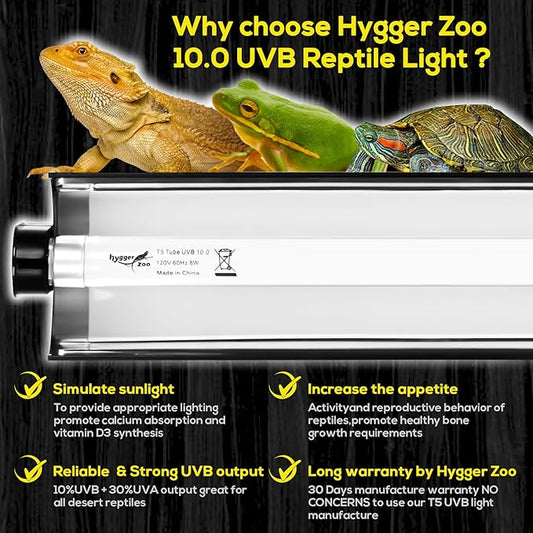 T5 Reptile Light Fixture Combo Kit 24W Light Fixture Reptile Terrarium Hood 10.0 UVB Light Bulb Fluorescent Tube Ideal for Tropical and Deserts Such as Bearded Dragon Lizards and Tortoises