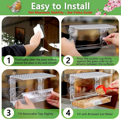 Window Bird Feeder for Outdoors with Strong Suction Cups, Acrylic Clear Window Bird Feeders for Viewing with Large Capacity Detachable Seed & Water Tray