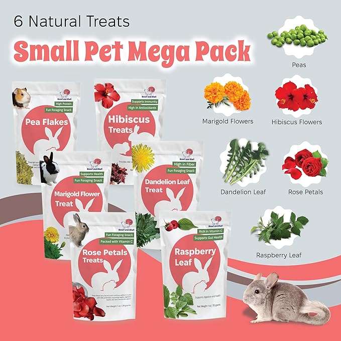 Snout and Shell Small Pet Mega Pack – 6 Natural Treats: Pea Flakes, Dandelion, Raspberry Leaf, Marigold, Rose Petals & Hibiscus – For Rabbits, Guinea Pigs, Chinchillas & More – Foraging & Health Boost
