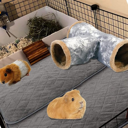 LeerKing Guinea Pig Tunnel 3 Way, Small Animal Hideout Toy Washable Canvas Fleece Tube Play Tunnel for Rats Ferret Bunny Gerbil Sugar Glider Chinchilla, Grey