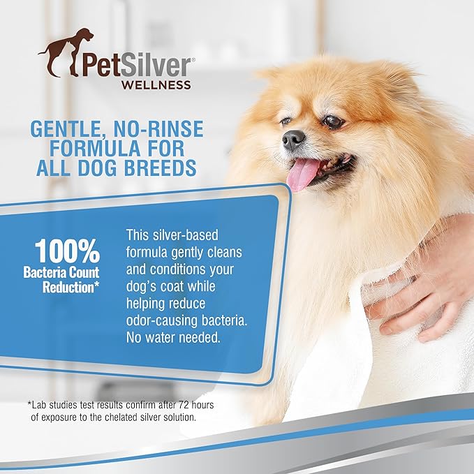 PetSilver Waterless Dog Shampoo - No Rinse Bath & Dry Shampoo for Dogs - Odor Control for Smelly Coats - Cleans, Conditions & Moisturizes - Hypoallergenic & Fragrance-Free - Patented Silver - 5 fl oz
