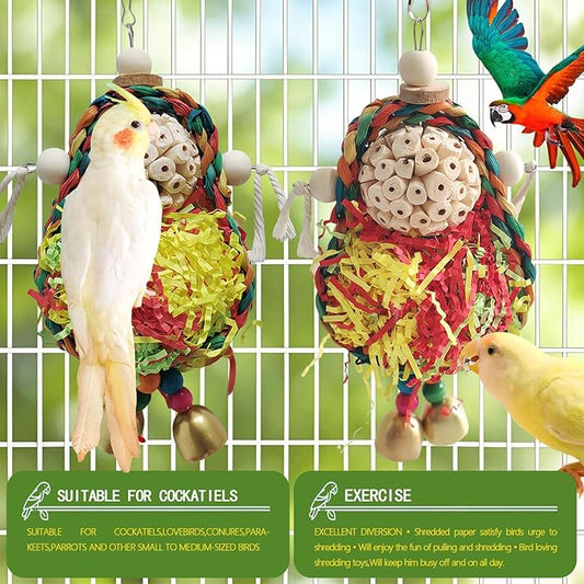 Parakeet Toys,Natural Sola Balls and Shredding Hanging Chewing Toy,2 PCS Small and Medium-Sized Parrot Toys, Bird Toys for Parrots,Cockatiels,Conures,Lovebird,Christmas Birds Toy