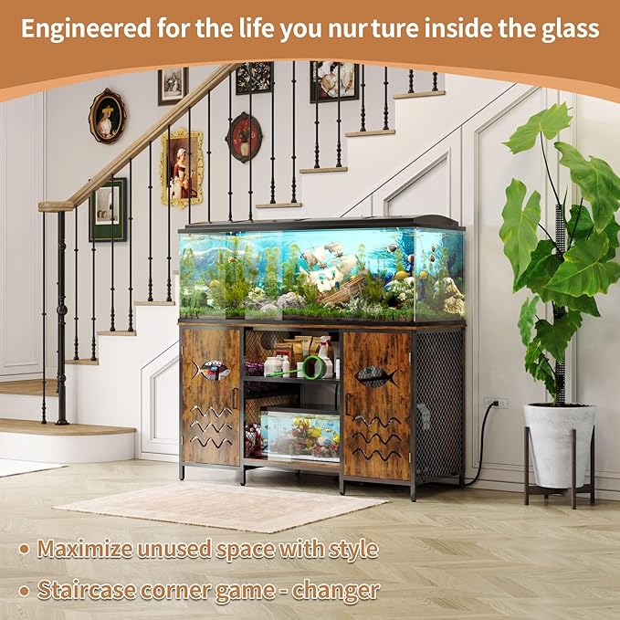 55-75 Gallon Fish Tank Stand with Power Outlet, 48 Inch Aquarium Stand with Cabinet and Shelf, Heavy Duty Metal Rack for Turtle Tank, Reptile Terrarium, 52.7''L×20''W×30.7''H, Retro Brown