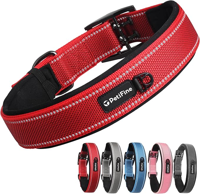 PetiFine Dog Collar for Large Dogs, Neoprene Padded and Adjustable, Reflective Wide Heavy Duty Pet Collars with Durable Metal Belt Buckle for Walking, Red, XL