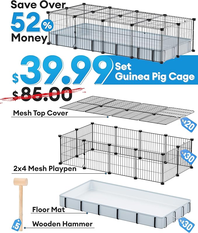 BUCATSTATE Guinea Pig Cages with Floor Mat, 20 Panels Guinea Pigs Playpen with Top Cover, Metal Rabbit Cage Indoor for Hedgehogs, Quail, Chickens (47" L x 24" W x 12" H)