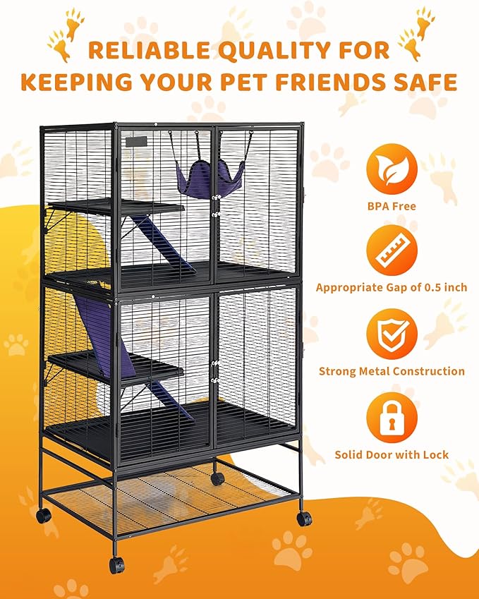 Garvee Small Animal Cage, 64 ''H Deluxe Ferret Cage - 4 Tier Large Chinchilla Cage with Removable Ramp, Hammock, Extra Storage Stand,Removable Tray for Ferret, Chinchilla, Guinea Pig,Hamster