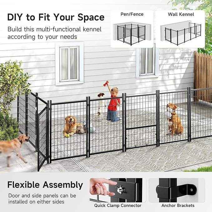 Outdoor Dog Kennel with Roof, Weatherproof Dog Kennel Outside with Removable Doggy Door, Backyard Dog Run Playpen Pet Enclosures for Medium to Small Dogs (4'L x 4'W x 4.6'H)