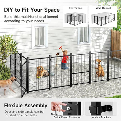 Outdoor Dog Kennel with Roof, Weatherproof Dog Kennel Outside with Removable Doggy Door, Backyard Dog Run Playpen Pet Enclosures for Medium to Small Dogs (4'L x 4'W x 4.6'H)