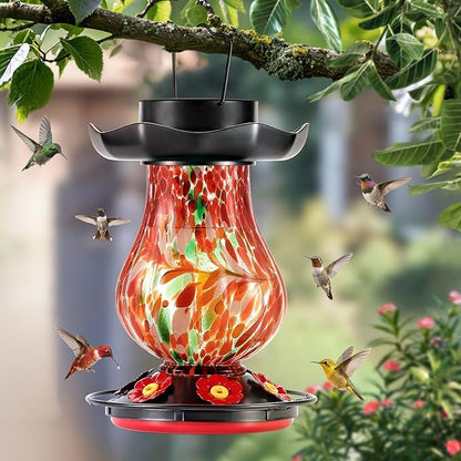 Solar Hummingbird Feeder for Outdoor - 25 fl.oz Hand Blown Glass Hummingbird Feeders for Outdoors Hanging, Large Capacity with Moat, 6 Colors Changing Light Outside Garden Decor (Red)