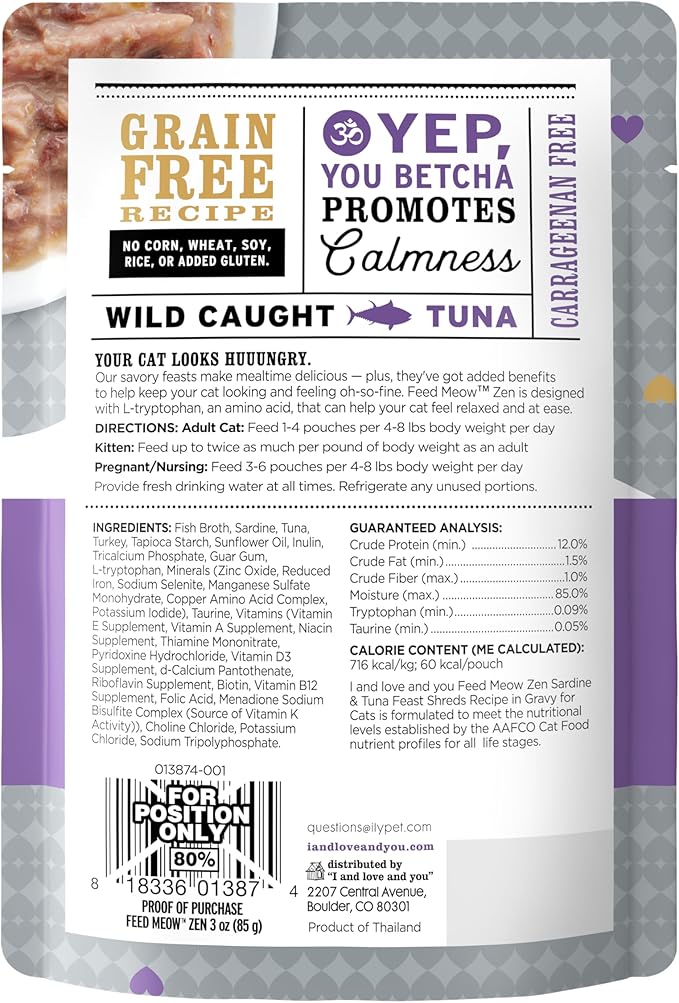 I AND LOVE AND YOU Feed Meow Zen Wet Cat Food - Sardine + Tuna - Mood Support, Grain Free, Shredded, 3oz Pack of 12